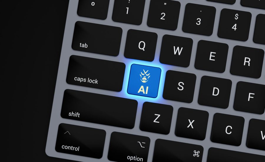 a close up of a keyboard with a blue button